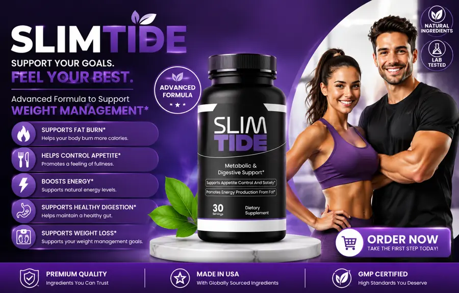 Slimtide capsule bottle with a smiling fit couple and an Order Now badge